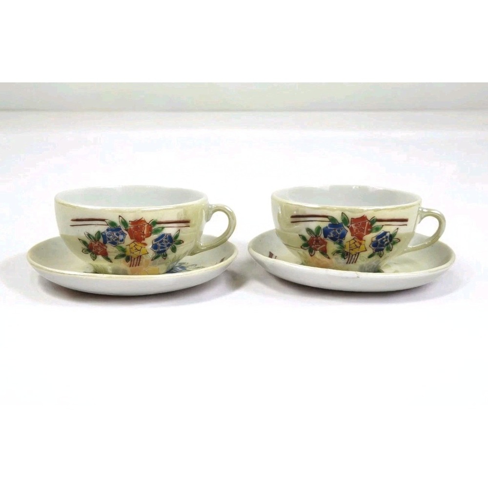 2 Vtg 1940s Hand Painted Lusterware Mini Tea Cups & Saucers Occupied Japan READ